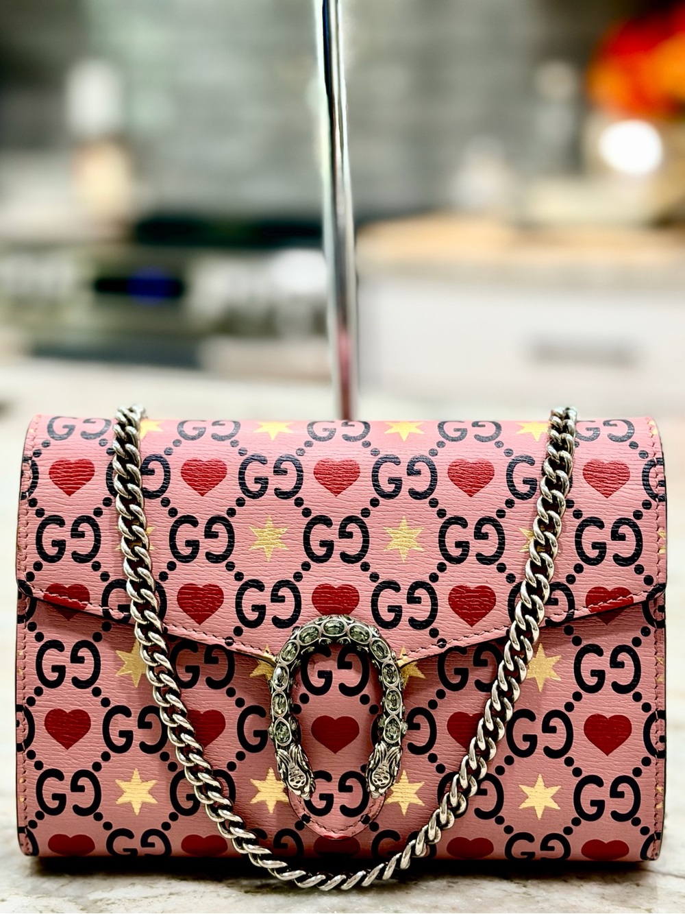Gucci Authentic Pink Heart & Star Print Leather Crossbody Bag with Silver Chain